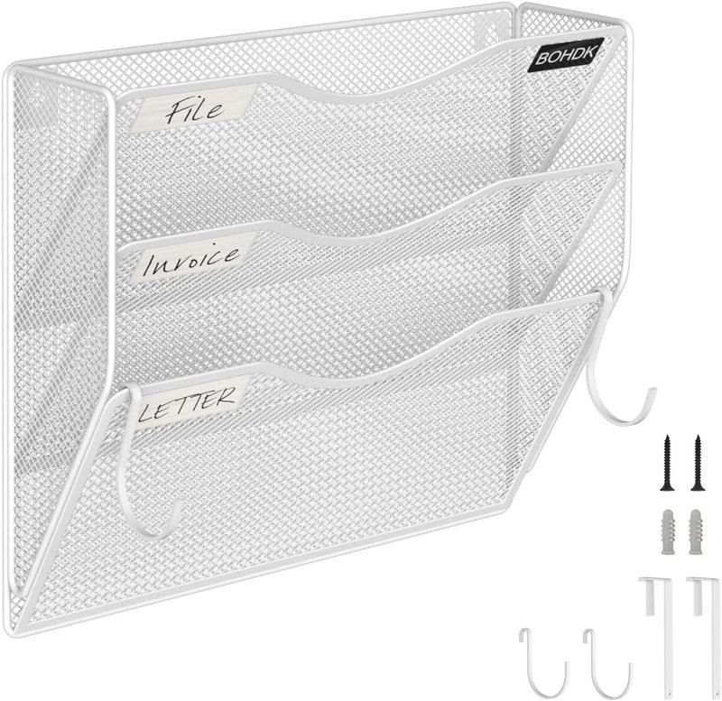 BOHDK Wall File Organizer, 3 Tire Hanging File Folder Mail Organizer, Vertical Mesh Metal Door/Wall Mount Hanging File Organizer, Paper Document Magazine Rack with Hooks for Home Office White - Image 1